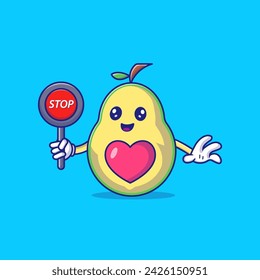 Cute Avocado Holding A Stop Sign Mascot Character Vector Icon Illustration.