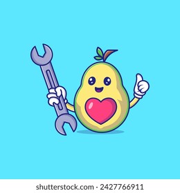 Cute Avocado Holding Wrench Mascot Character Vector Icon Illustration