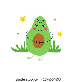 Cute avocado holds his hands on stomach and smiles with stars on white background. Doodle and freehand drawing in the modern style. Scandinavian style clipart. Vector illustration.