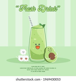 cute avocado ice smoothie juice cartoon character concept illustration