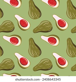 Cute avocado isolated on color background. Avocados with leaves and slice. Natural delicious fresh ripe tasty summer fruit. Vector illustration for packaging, card, other design. Food concept.