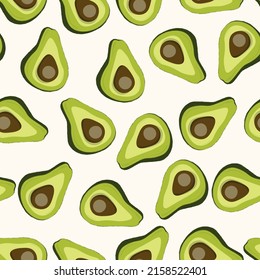 Cute avocado isolated on white background. Green avocados with leaves and slice. Natural delicious fresh ripe tasty summer fruit. Vector illustration for packaging, card, other design. Food concept.