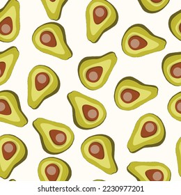 Cute avocado isolated on white background. Green avocados with leaves and slice. Natural delicious fresh ripe tasty summer fruit. Vector illustration for packaging, card, other design. Food concept.