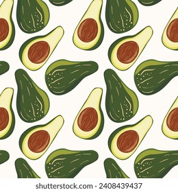 El aguacate lindo aislado de fondo blanco. Abogados con hojas y rodajas. Sabrosa fruta fresca fresca fresca de verano. Ilustración vectorial para embalaje, tarjeta, otro diseño. El concepto de comida.