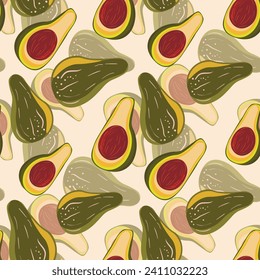 Cute avocado isolated on white background. Avocados with leaves and slice. Natural delicious fresh ripe tasty summer fruit. Vector illustration for packaging, card, other design. Food concept.