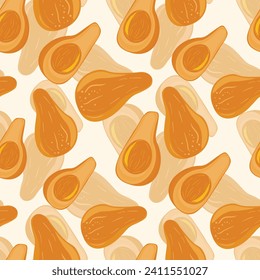 Cute avocado einzeln auf weißem Hintergrund. Avocados mit Blättern und Scheiben. Natürliche leckere frische, reife Früchte schmecken im Sommer. Vektorgrafik für Verpackung, Karte, anderes Design. Lebensmittelkonzept.