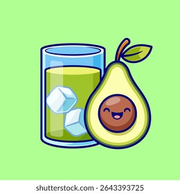Cute Avocado Juice With Avocado Fruit Cartoon Vector Icon Illustration. Food Drink Icon Concept Isolated Premium Vector. Flat Cartoon Style