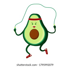 Cute avocado jumping rope. go in for sports. Healthy food, healthy lifestyle, vegetarianism. Vector isolated illustration on white background.