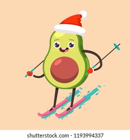 Cute Avocado kid in Santa Claus hat cartoon character skiing. Winter sports and activities. Vector flat funny fruit Christmas illustration isolated on background.