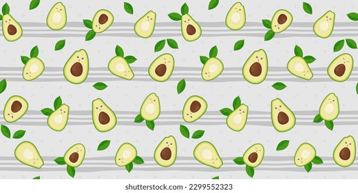 Cute avocado with leaves and funny faces on a gray striped background. Endless texture with kawaii fruit characters. Half an avocado with and without pit. Vector seamless pattern for surface texture