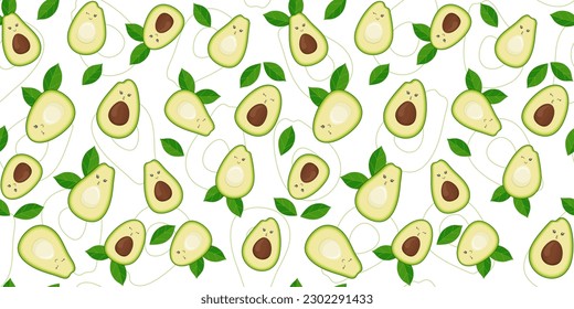 Cute avocado with leaves and funny faces on a white background with outline avocado. Endless texture with kawaii fruit characters. Half an avocado with and without pit. Vector seamless pattern, print