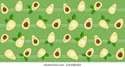 Cute avocado with leaves and funny faces on a green striped background with dots. Endless texture with kawaii fruit characters. Half an avocado with and without pit. Vector seamless pattern for print