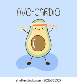 Cute avocado Heben von Hantel mit Zitat "Avo-cardio" auf pastellblauem Hintergrund. Lebensmittel- und Obstpuppe für Kartendesign im Übungskonzept