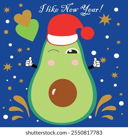 Cute avocado likes New Year. Avocado in a New Year's red cap. Vector.