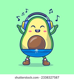 Música Cute Aguacate Escuchando Con Ilustración Del Icono Del Vector De Dibujos Con Auriculares. Vector Premium Aislado De Icono De Música Alimentaria. Estilo de dibujo plano