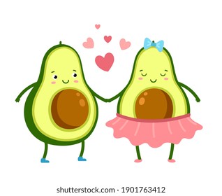 Cute avocado in love. Green fruits couple, cute vegetarian romantic food. Cartoon valentines day characters with hearts exact vector card