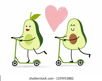 Cute avocado in love on kick scooter. Vector illustration in cartoon style