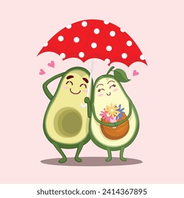 Cute avocado lovers wearing umbrella