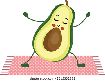 Cute avocado mascot character making gym on a mat
