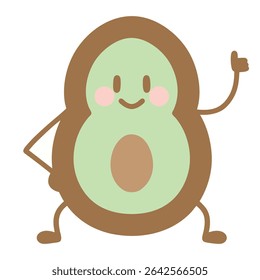Mascote bonito abacate dando um polegar para cima. Caráter de fruta feliz verde promovendo alimentos saudáveis e exercícios. Mascote de design de logotipo. Guacamole. Ilustração de vetor escalável em um fundo branco EPS 10.