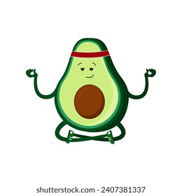 Cute avocado meditates, sits in lotus position. Yoga class. Healthy lifestyle. Vegetarianism. Vector illustration