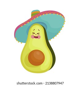 Cute avocado in mexican sombrero. Cheerful cartoon character. Vector graphics.
