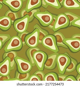 Cute avocado on color background. Green avocados with leaves and slice. Natural delicious fresh ripe tasty summer fruit. Vector illustration for packaging, card, other design. Food concept.