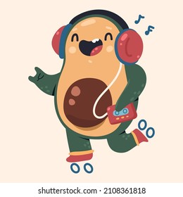 Cute avocado on roller skates listening music vector cartoon character isolated on background.