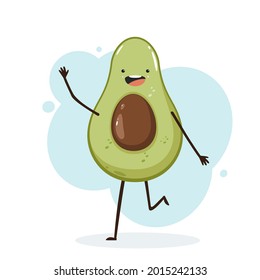 Cute avocado on white background. Happy kawaii fruit. Cartoon character feeling happy. Illustration can be used for children's clothing or things design, cards, banners, cover, posters and other users