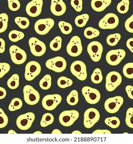 Cute avocado pattern with a smile on black background
