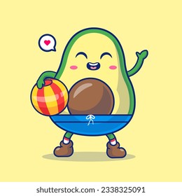 Cute Avocado Playing Ball Beach Cartoon Vector Icon Illustration. Food Sport Icon Concept Isolated Premium Vector. Flat Cartoon Style