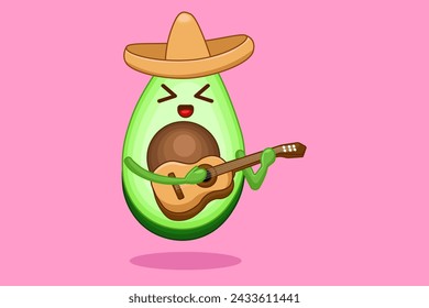 Cute Avocado Playing Guitar with Sombrero Cartoon Illustration