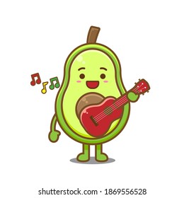 Cute avocado playing guitar. Vector illustration of chibi character isolated on white background.