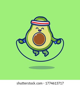 Cute Avocado Playing Jump Rope Cartoon Vector Icon Illustration. Fruit Health Icon Concept Isolated Premium Vector. Flat Cartoon Style 