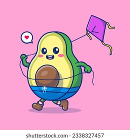 Cute Avocado Playing Kite Cartoon Vector Icon Illustration. Food Holiday Icon Concept Isolated Premium Vector. Flat Cartoon Style