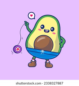 Cute Avocado Playing Yo-Yo Toy Cartoon Vector Icon Illustration. Food Holiday Icon Concept Isolated Premium Vector. Flat Cartoon Style