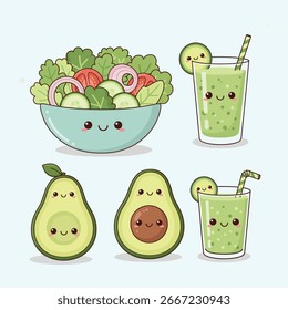 Personagens bonitos de abacate, salada e smoothie sorrindo alegremente em uma superfície branca, promovendo uma alimentação saudável e um estilo de vida positivo.