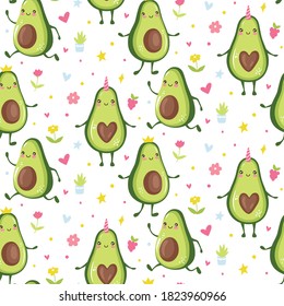 Cute avocado seamless patetrn. Cartoon funny background or print. Kawaii design for bedding, wrapping paper, wallpaper. Vector Fruit illustration.