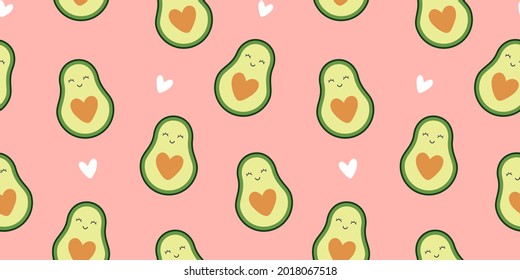 Cute Avocado Seamless Pattern Background and hearts shapes  Avocado Fruit Characters and funny faces  Hand drawn repeat print  scarf  packaging design  Vector romantic Valentines day backdrop