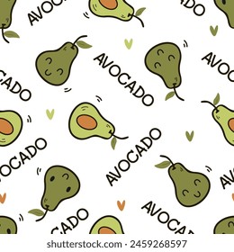 Patrón sin costuras de aguacate lindo. Fondo de frutas de dibujos animados con el texto " AGUACATE ". Ilustración vectorial. Para tela, textil, Fondo de pantalla, papel de embalaje