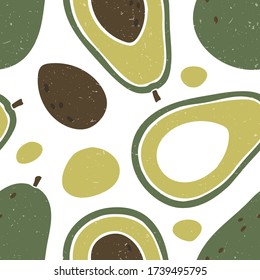 Cute avocado seamless pattern. Ripe avocado, avocado lobules and seeds on white background. Vector shabby hand drawn illustration