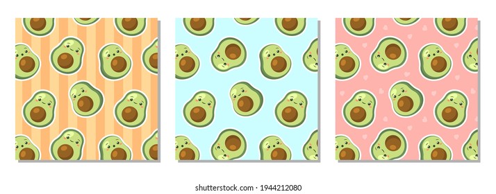 Cute avocado seamless pattern set. Fruit flat vector illustration. Cartoon design for fabric textile, print, paper, cover, fabric, interior decor and other users.