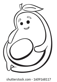 a cute avocado sits there holding on to his tummy  (doodle style as a beautiful icon, linear sketch, vector )