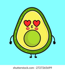 Personaje lindo de la historieta de la rebanada del aguacate que se coloca con los ojos del corazón y el rubor, mostrando el amor y el afecto en una ilustración plana del diseño en un fondo azul claro
