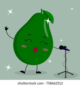 Cute avocado smiley in a cartoon style sings into the microphone.