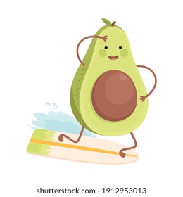 Cute Avocado Surfer Riding Waves, Funny Fruit Character Doing Sports, Healthy Eating and Lifestyle, Fitness Concept Cartoon Style Vector Illustration