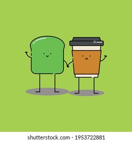 Cute avocado toast and coffee hold hand Illustration. modern simple food vector icon, flat graphic symbol in trendy flat design style. Food character.