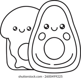 Cute Avocado and Toast Coloring Page – Kawaii Food Friends – Fun and Easy Printable Outline for Kids and Adults – Adorable Breakfast Art for Creativity
