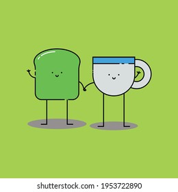 Cute avocado toast and cup of tea hold hand Illustration. modern simple food vector icon, flat graphic symbol in trendy flat design style. Food character.