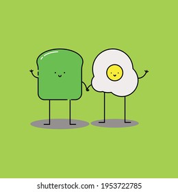 Cute avocado toast and egg hold hand Illustration. modern simple food vector icon, flat graphic symbol in trendy flat design style. Food character.